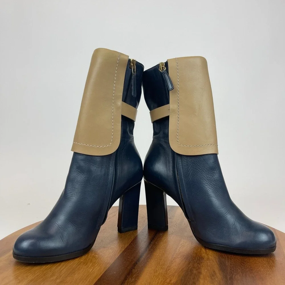 Womens‎ Jil Sander Blue Brown Leather Heeled Ankle Booties Boots Size 35 US 5 M